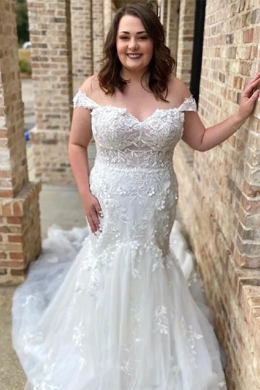 Crazy Deals White Appliqués Off-the-Shoulder Trumpet Long Wedding Dress