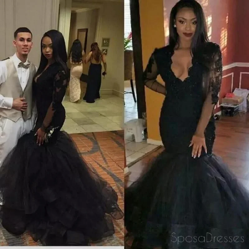 Final Clearance Sexy Long Sleeve Black Lace Mermaid Evening Prom Dresses, Popular Black Party Prom Dress, Custom Long Prom Dresses, Cheap Formal Prom Dresses, 17166