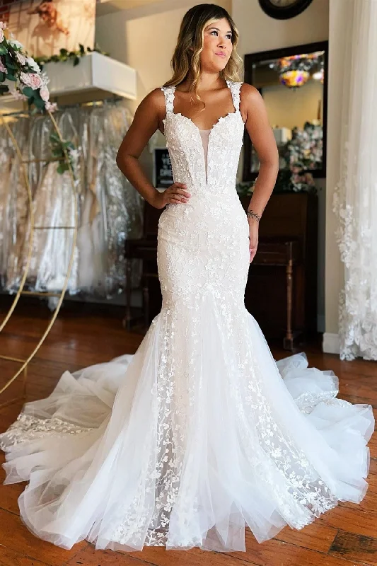 Factory Direct Sale White Lace Off-the-Shoulder Trumpet Wedding Dress