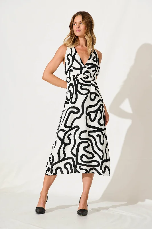 Now or Never Calianna Midi Dress In White With Black Print Linen Blend