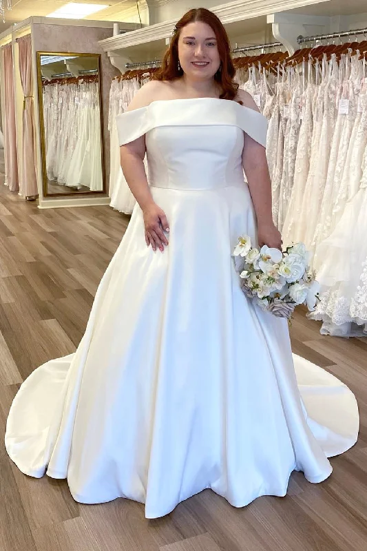 Don’t Miss Out White Satin Off-the-Shoulder A-Line Long Wedding Dress
