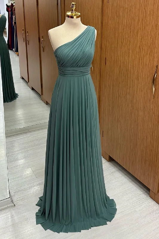 Super Sale Dusty Sage One-Shoulder A-Line Chiffon Bridesmaid Dress