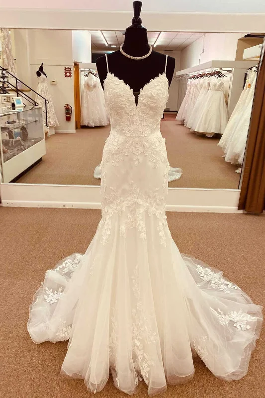 Hot Deal White Lace Straps Backless Trumpet Long Wedding Dress