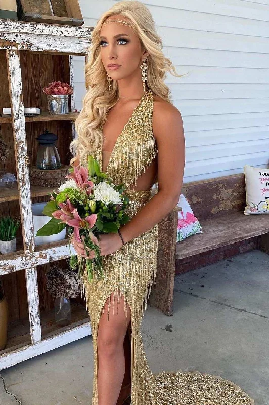 Anniversary Sale Black Sequin Fringe Halter Long Prom Dress with Slit
