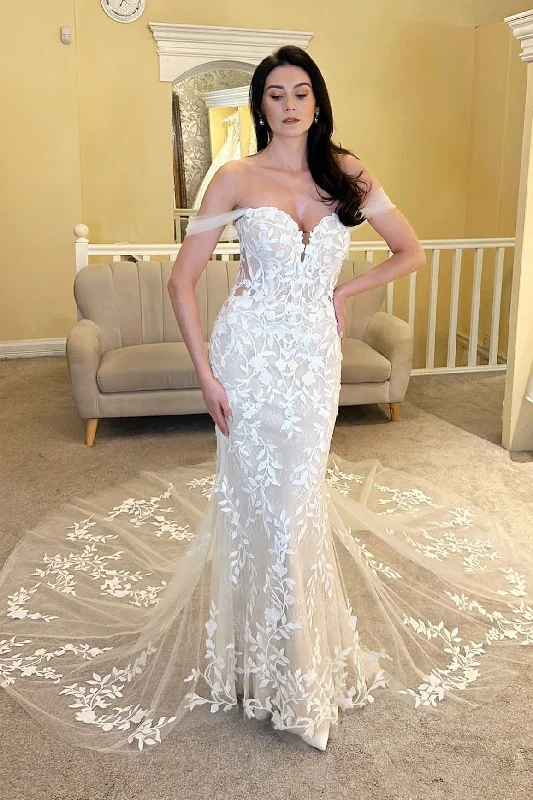 Super Savings Ivory Floral Lace Off-the-Shoulder Mermaid Long Wedding Dress