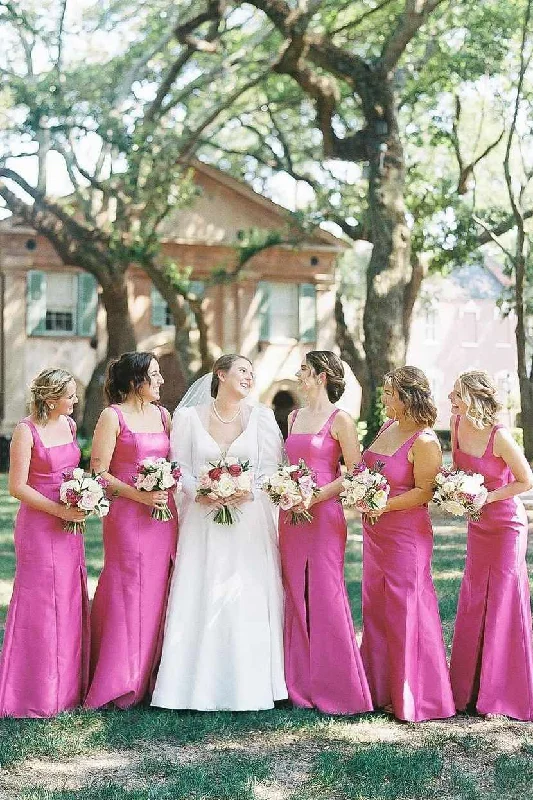 Instant Discount Pink Straps Square Satin Sleeveless Mermaid Bow Long Bridesmaid Dress