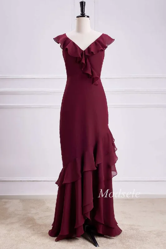 Deep Discounts Asymmetrical Tiered Ruffle V-Neck Chiffon Bridesmaid Dress