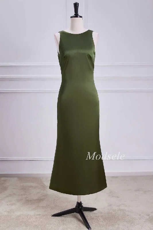 Bargain Blast Tie Neck Keyhole Midi Dress in Olive Green