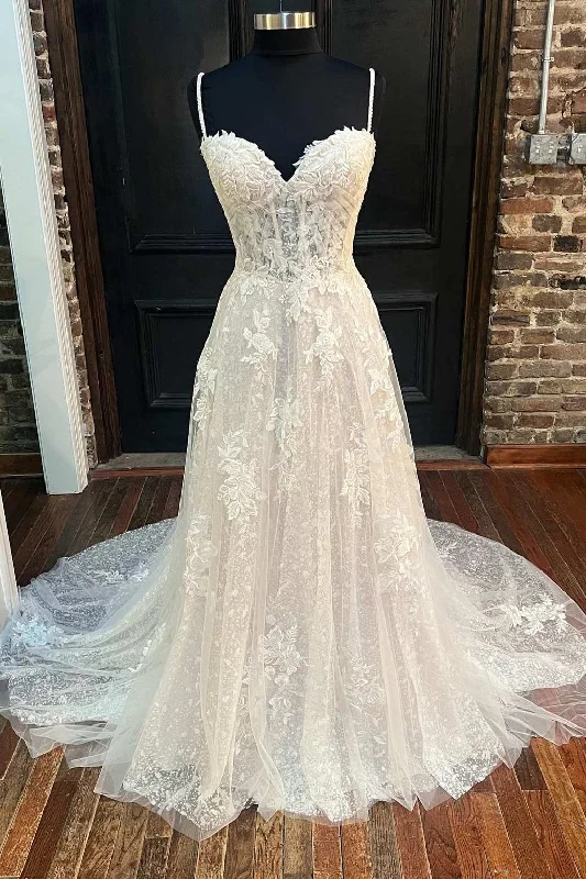 Special Savings White Floral Lace Sweetheart Straps A-Line Long Bridal Gown