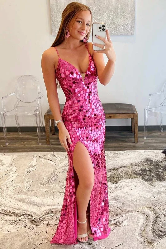 Instant Discount Pink Oval Glass Mirror V-Neck Long Prom Dress with Slit