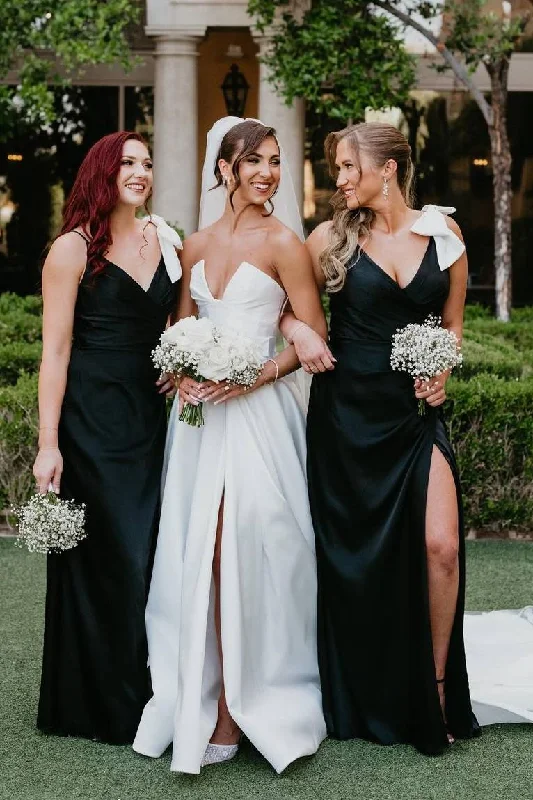 Take Advantage Black V-Neck Spaghetti Straps Satin Long Bridesmaid Dress with Bow