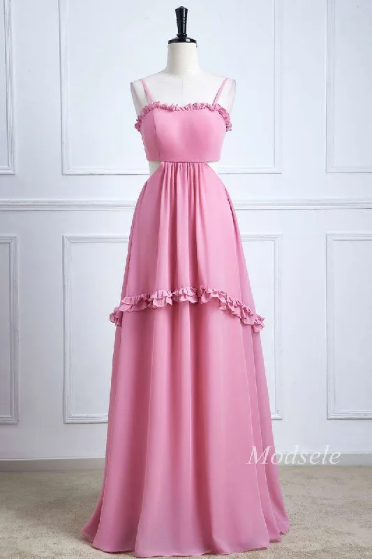 Epic Deals Pink Spaghetti Strap Bow-Back Ruffle Maxi Dress