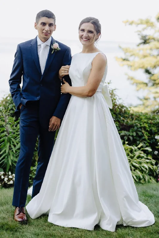 Extra Savings White Satin Bateau Beaded Wedding Dress with Bow