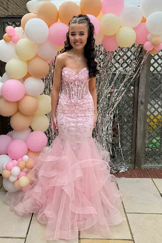 Year-End Clearance Pink Strapless Sleeveless Appliques Mermaid Ruffles Long Prom Dress Year-End Clearance Pink Strapless Sleeveless Appliques Mermaid Ruffles Long Prom Dress