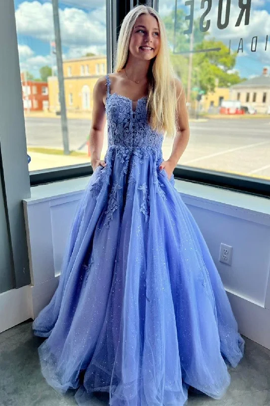 Markdowns Periwinkle Tulle Appliques Lace-Up A-Line Long Prom Dress
