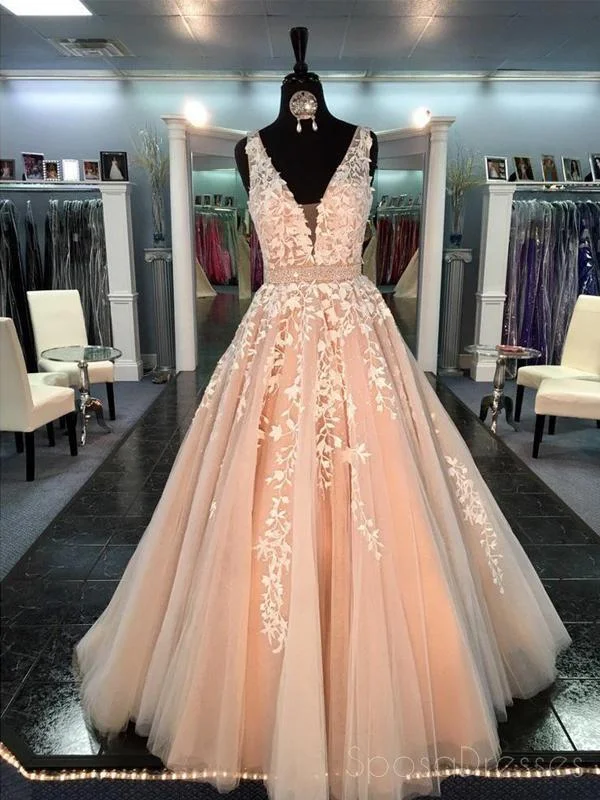Weekend Deal Lace Tulle A line Evening Prom Dresses, Sexy Deep V Neckline Party Prom Dresses, 17053
