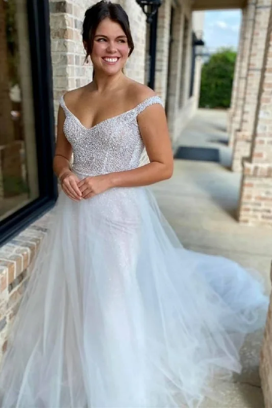 New Markdowns White Beaded Backless Mermaid Wedding Dress with Detached Train