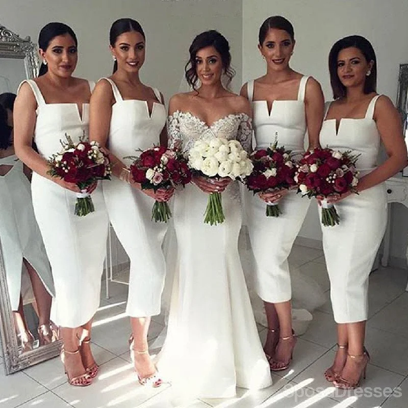 Flash Sale Simple White Straight V Neck Sexy Tea Length Bridesmaid Dresses, WG126