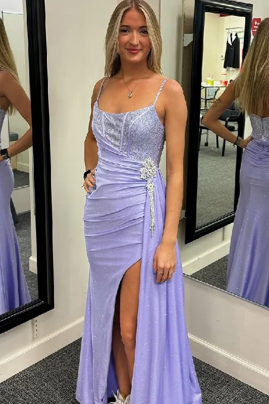 Unmissable Offer Mermaid Spaghetti Straps Rhinestone Pleated Prom Dress with Slit