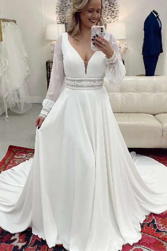 Today Only White Plunge V Long Sleeve A-Line Wedding Dress