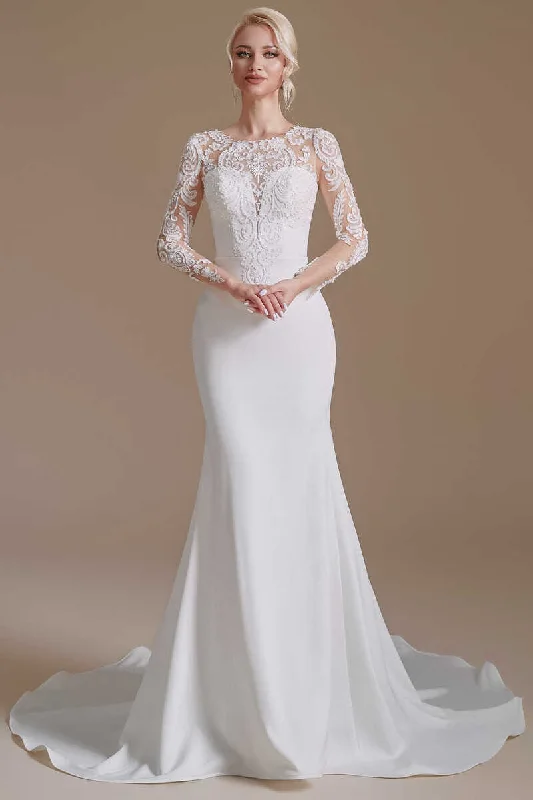 Huge Discounts Elegant White Long Sleeves Mermaid Wedding Dress