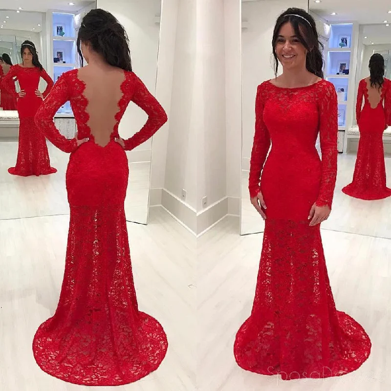 Limited Availability Sexy Backless Red Long Sleeve Lace Mermaid Evening Prom Dresses, Popular Party Prom Dresses, Custom Long Prom Dresses, Cheap Formal Prom Dresses, 17164
