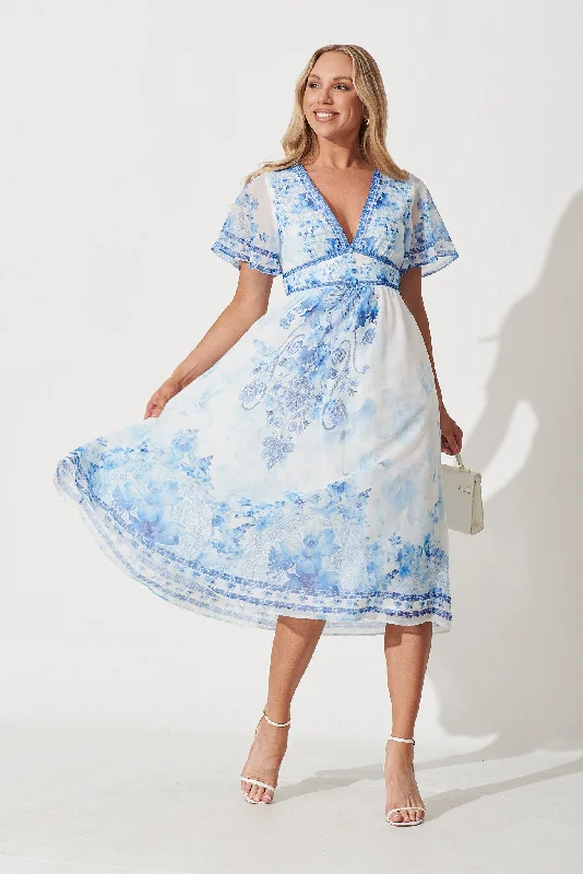 Instant Discount Daniella Midi Dress In White With Blue Chiffon