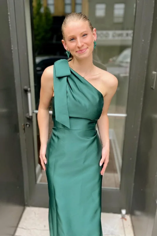 Deal Mania Elegant Green One Shoulder Bow Satin Pleated Long Formal Prom Dress