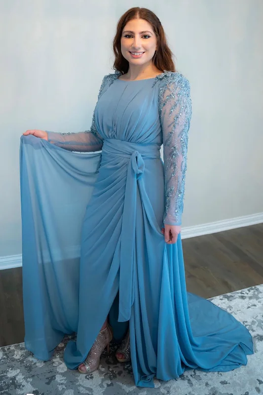 Midnight Sale Dusty Blue Chiffon Beading Long Sleeve Bridesmaid Dress