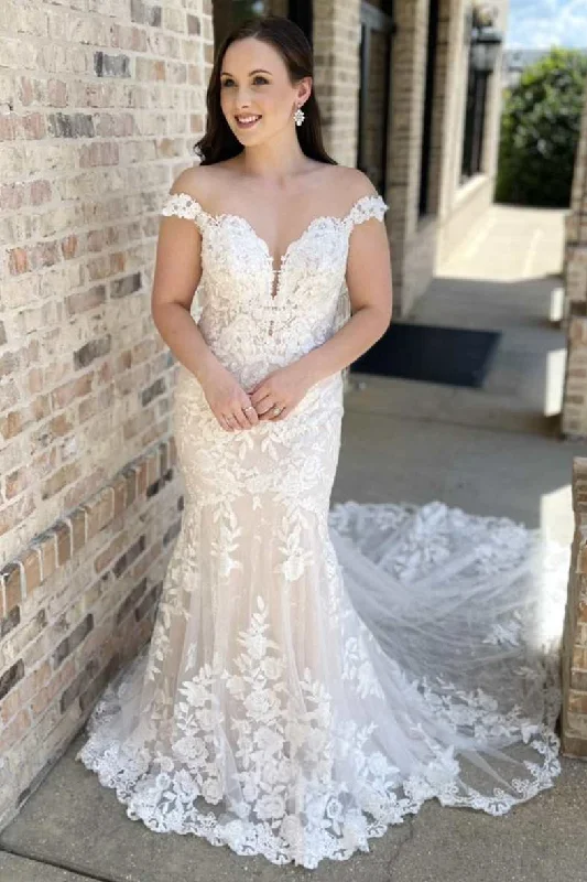 Crazy Savings Off-the-Shoulder White Lace Backless Mermaid Long Wedding Gown