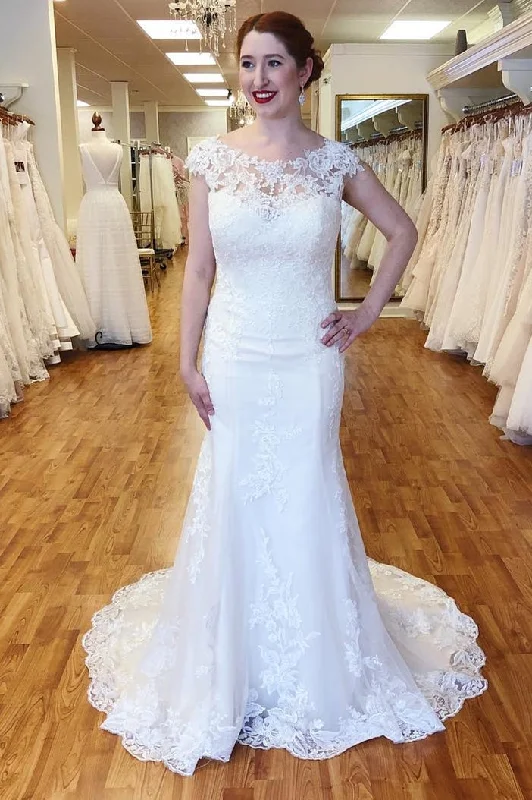 Act Fast White Lace Portrait Backless Mermaid Wedding Dress