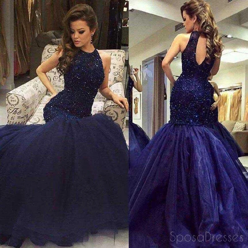 Deal of the Day Navy Halter Mermaid Evening Prom Dresses, Long Open Back Evening Prom Dress, Beaded Prom Dress, Party Prom Dress, Formal Prom Dress, 17021