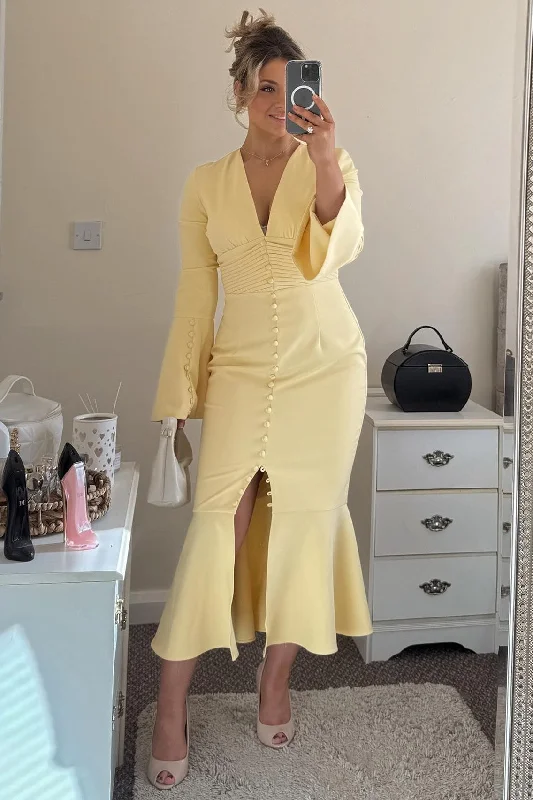 Seasonal Sale Yellow V-Neck Button-Up Mermaid Wedding Guest Dress
