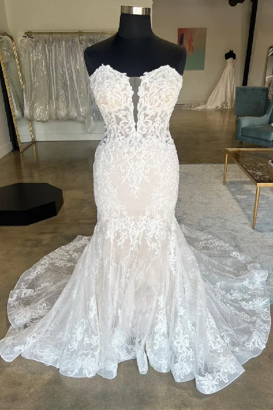 Price Rollback Ivory Strapless Floral Lace Trumpet Long Bridal Gown