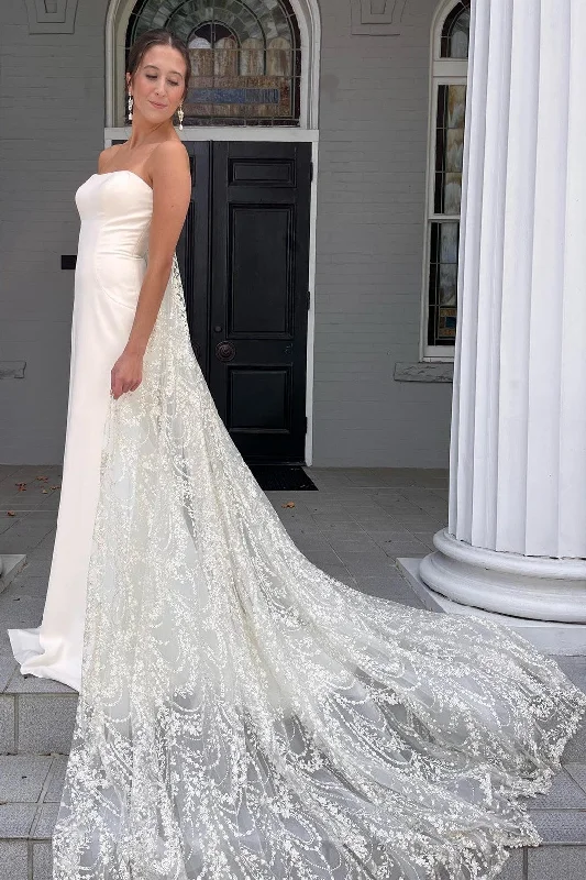 Mega Sale White Strapless Mermaid Long Wedding Dress with Attached Train