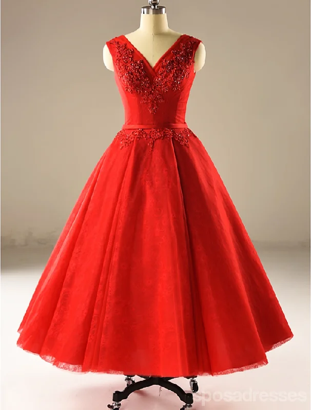 Big Discounts Red A line Tulle Wedding Dresses,  2017 Corset back Tea Length Custom Wedding Gowns, Affordable Bridal Dresses, 18002