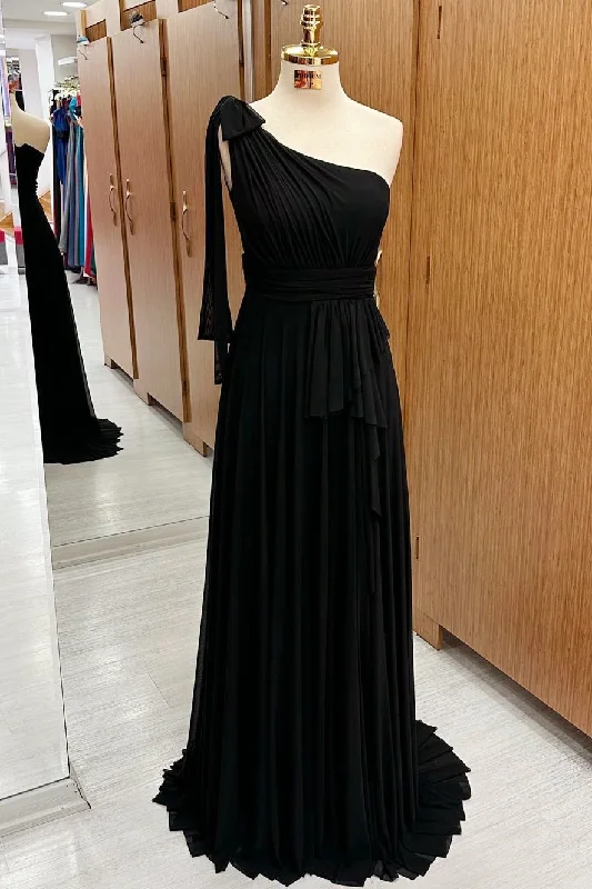 Act Now One-Shoulder A-Line Chiffon Maxi Dress in Black