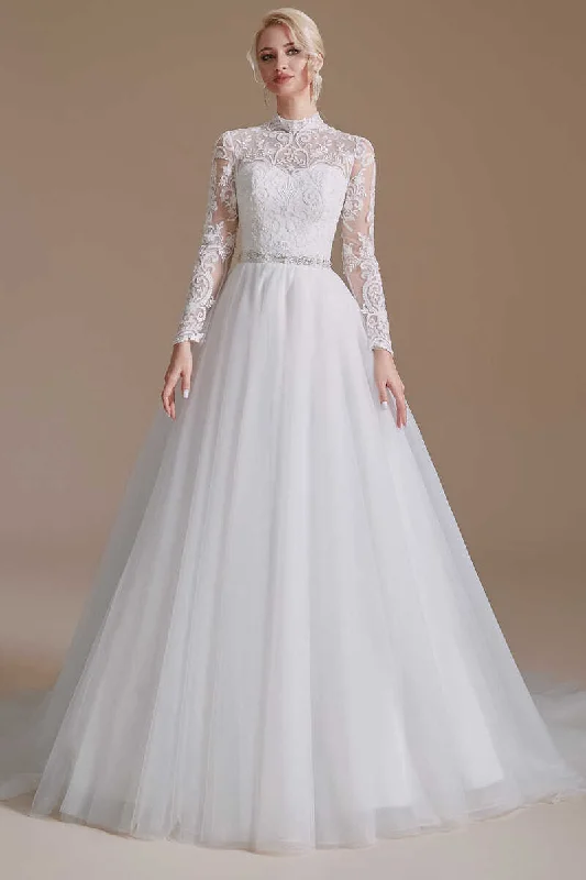 Shop and Save White Lace High Collar Long Sleeves A-Line Wedding Dress
