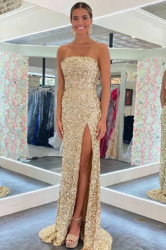 TIME-Limited Offer Gold Sequin Strapless Backless Mermaid Long Prom Dress with Slit