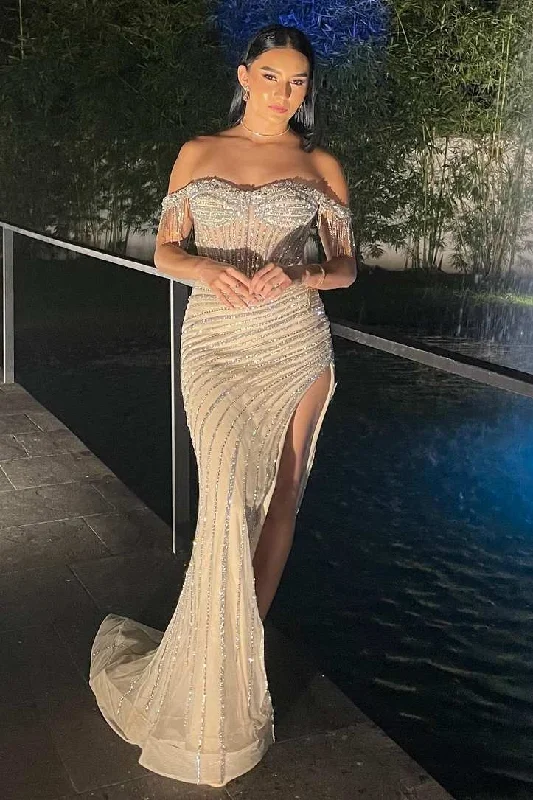 Year-End Sale Stunning Off-Shoulder Beads Side Slit Mermaid Long Prom Formal Dress