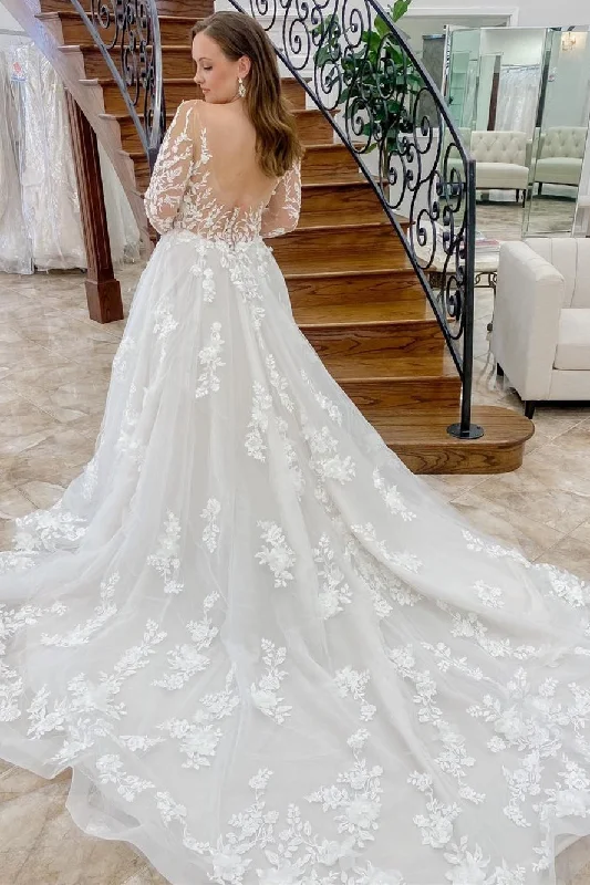 Savings Spectacular White Appliques Long Sleeve Backless Long Wedding Dress
