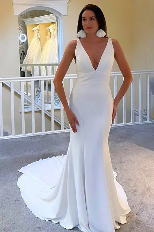 Stock Up and Save Ivory Plunge V Open Back Mermaid Long Wedding Dress