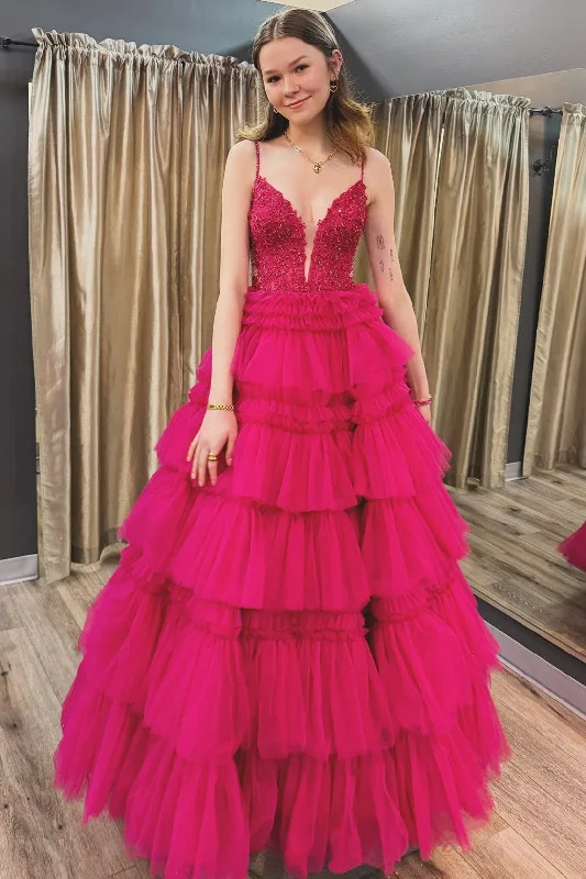 Huge Discounts Spaghetti Strap V-Neck Sleeveless Ruffle Tiered Tulle Long Ball Gown