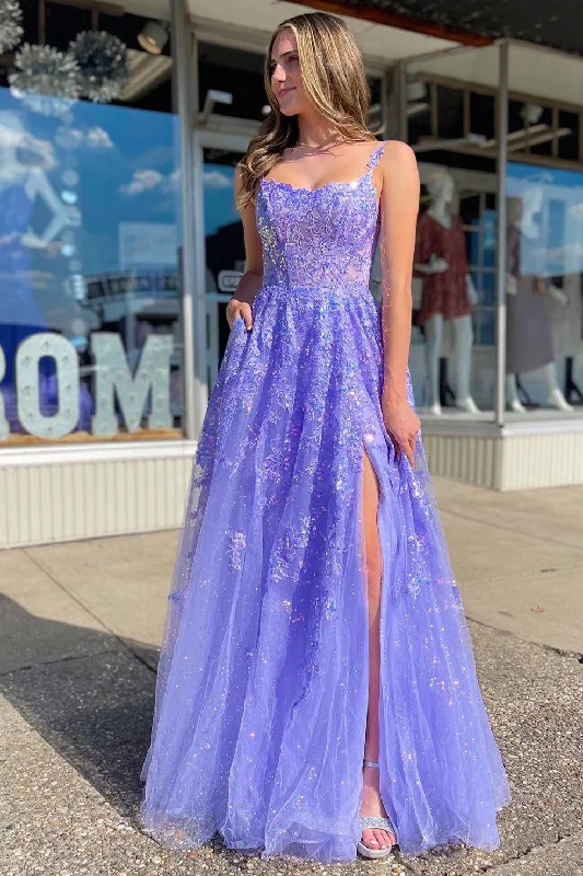 Exclusive Preview Lavender Tulle Sequin Scoop Neck A-Line Long Dress with Slit