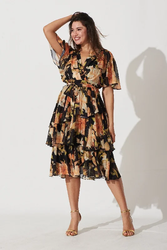 Members Only Mindy Midi Dress In Black With Apricot Floral Chiffon