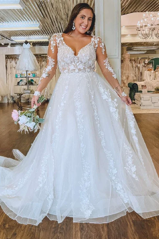 Weekend Special White Floral Lace Queen Anne Long Sleeve Wedding Dress