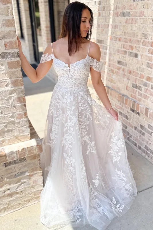 Crazy Deals Cold-Shoulder White Lace A-Line Long Wedding Dress