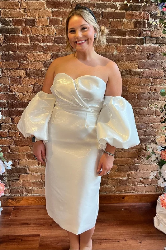 Massive Deals White Sweetheart Midi Reception Dress with Detachable Sleeves