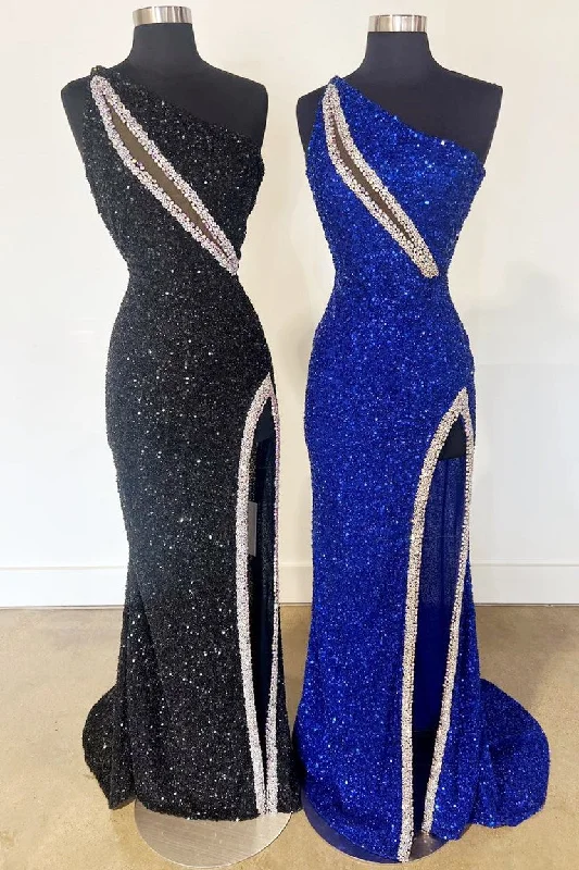 Members Only One-Shoulder Sequin Rhinestone Keyhole Long Dress with Slit