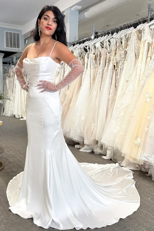 Can't Miss White Cowl Neck Open Back Mermaid Long Wedding Dress